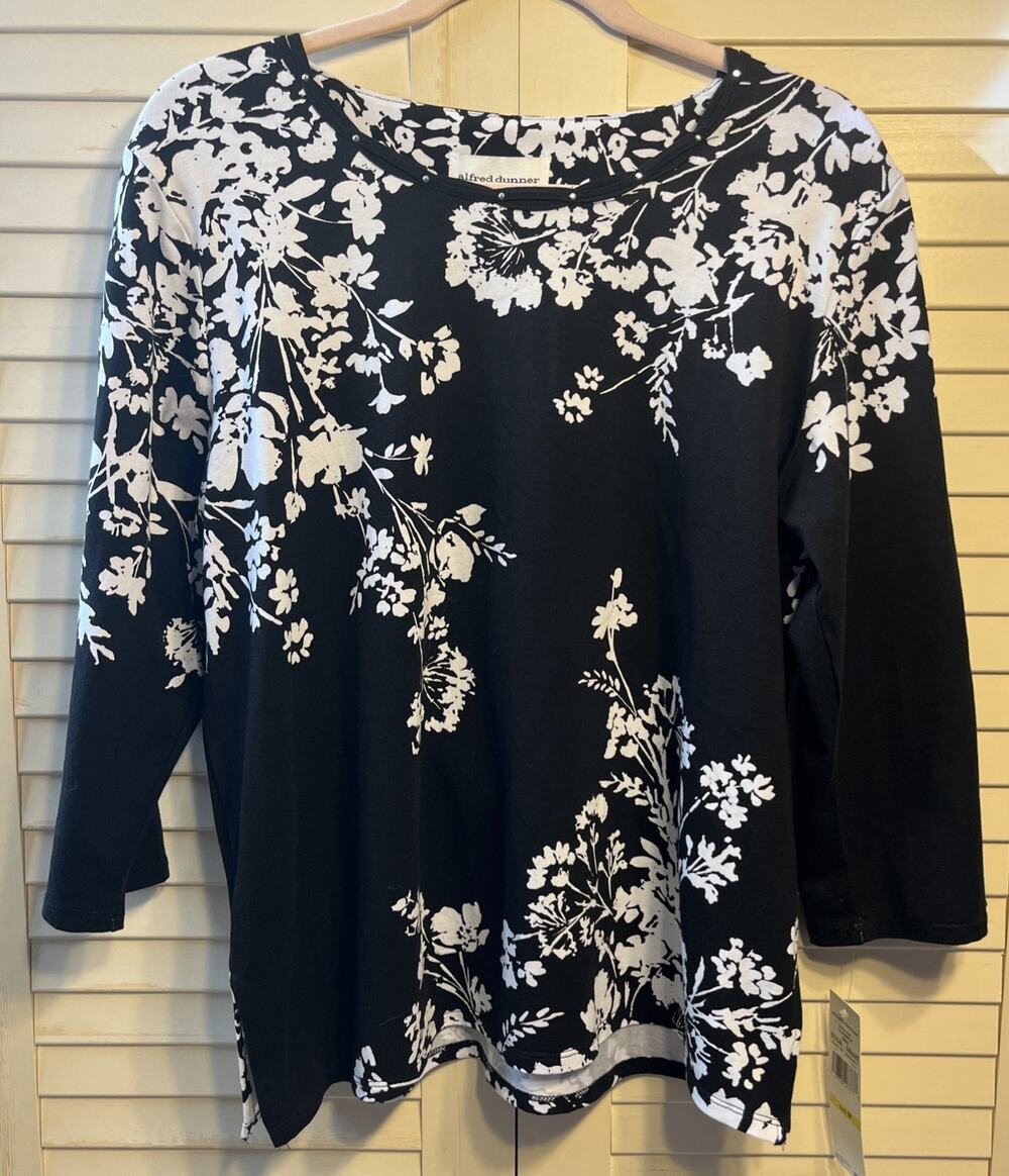 Alfred Dunner Long Sleeve Top Cotton Black with White Floral Women’s M NWT